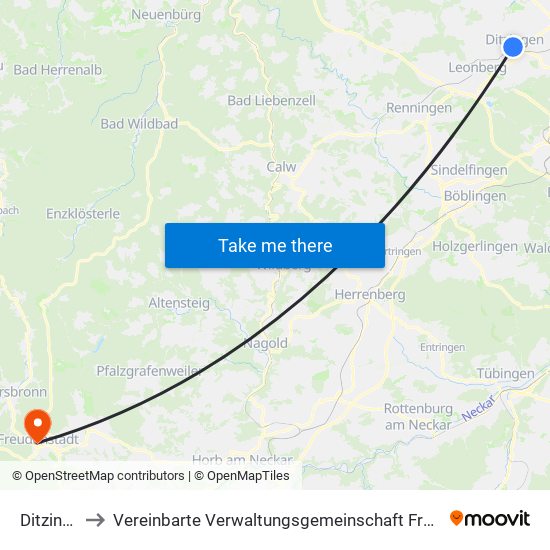 Ditzingen to Vereinbarte Verwaltungsgemeinschaft Freudenstadt map