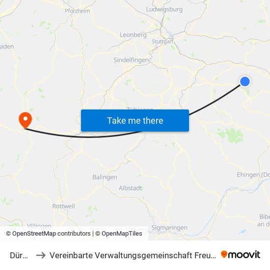 Dürnau to Vereinbarte Verwaltungsgemeinschaft Freudenstadt map