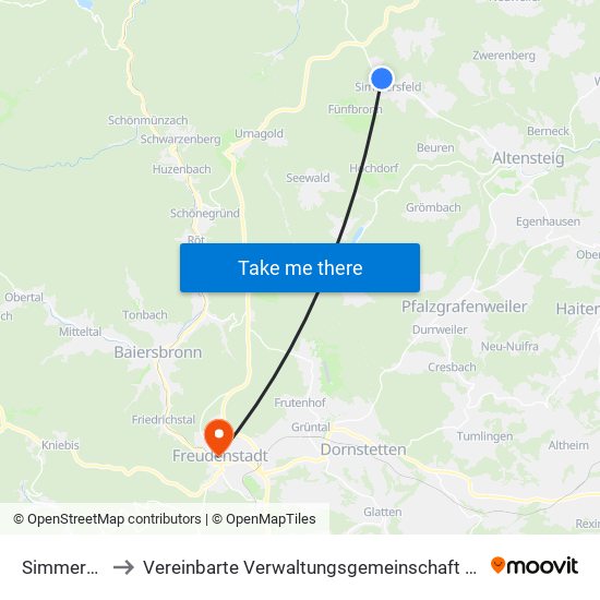 Simmersfeld to Vereinbarte Verwaltungsgemeinschaft Freudenstadt map