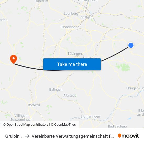 Gruibingen to Vereinbarte Verwaltungsgemeinschaft Freudenstadt map