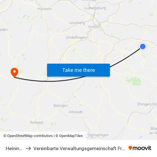 Heiningen to Vereinbarte Verwaltungsgemeinschaft Freudenstadt map