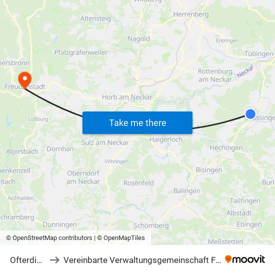 Ofterdingen to Vereinbarte Verwaltungsgemeinschaft Freudenstadt map