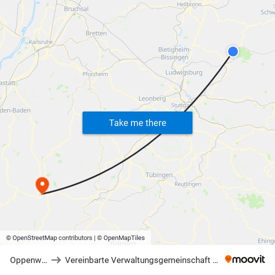 Oppenweiler to Vereinbarte Verwaltungsgemeinschaft Freudenstadt map