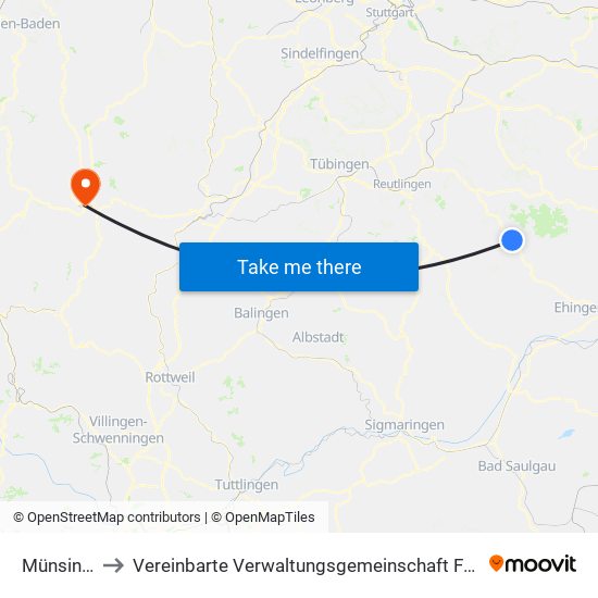 Münsingen to Vereinbarte Verwaltungsgemeinschaft Freudenstadt map