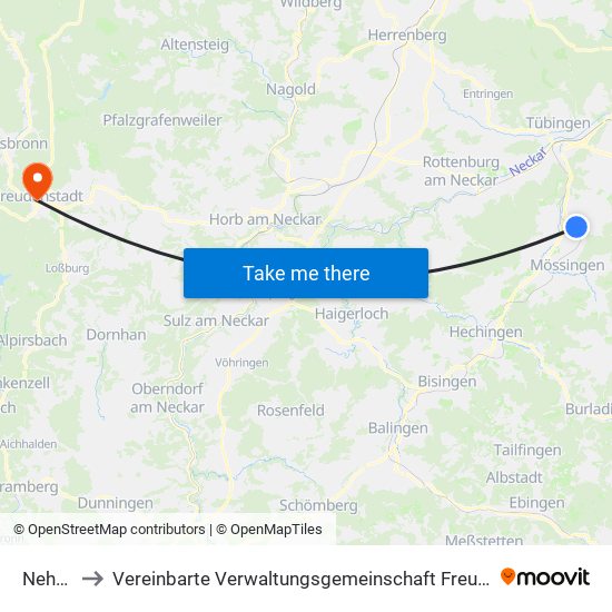 Nehren to Vereinbarte Verwaltungsgemeinschaft Freudenstadt map