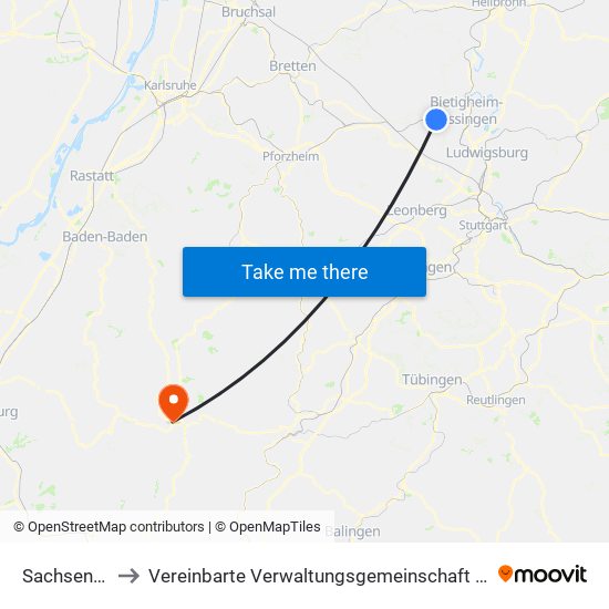 Sachsenheim to Vereinbarte Verwaltungsgemeinschaft Freudenstadt map