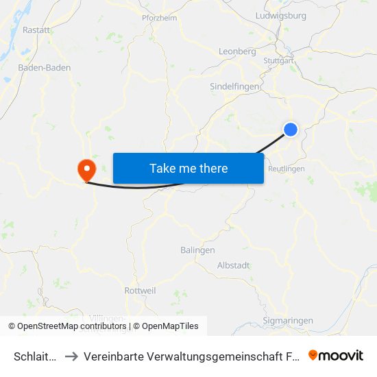 Schlaitdorf to Vereinbarte Verwaltungsgemeinschaft Freudenstadt map