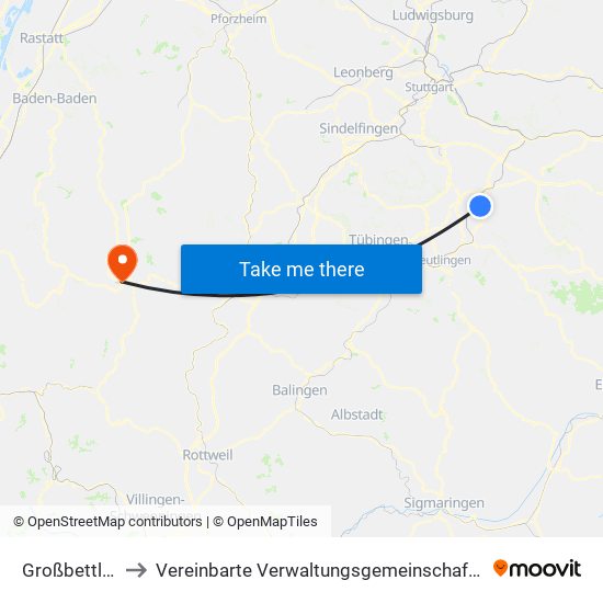 Großbettlingen to Vereinbarte Verwaltungsgemeinschaft Freudenstadt map