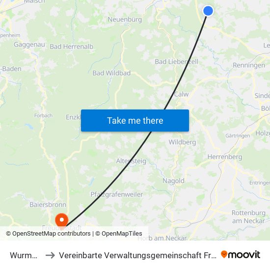 Wurmberg to Vereinbarte Verwaltungsgemeinschaft Freudenstadt map