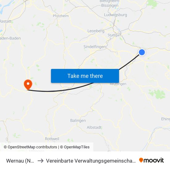 Wernau (Neckar) to Vereinbarte Verwaltungsgemeinschaft Freudenstadt map