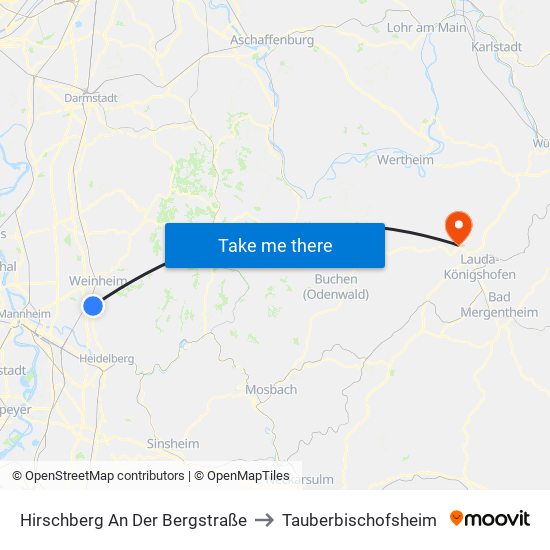 Hirschberg An Der Bergstraße to Tauberbischofsheim map