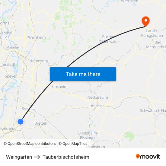 Weingarten to Tauberbischofsheim map