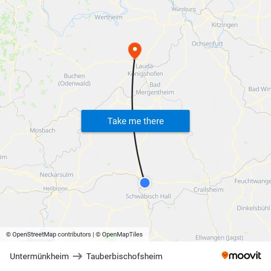Untermünkheim to Tauberbischofsheim map