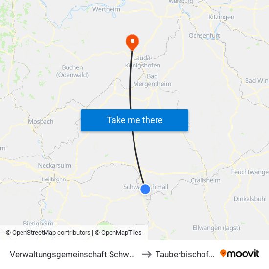 Verwaltungsgemeinschaft Schwäbisch Hall to Tauberbischofsheim map