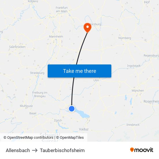 Allensbach to Tauberbischofsheim map