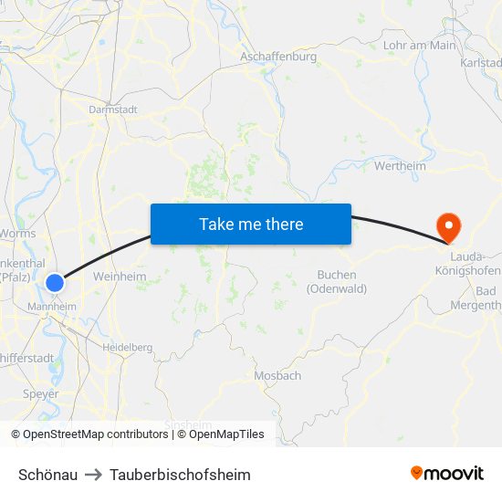 Schönau to Tauberbischofsheim map