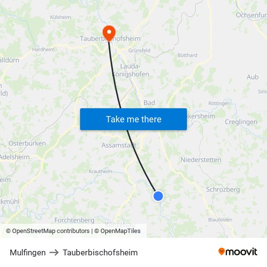 Mulfingen to Tauberbischofsheim map