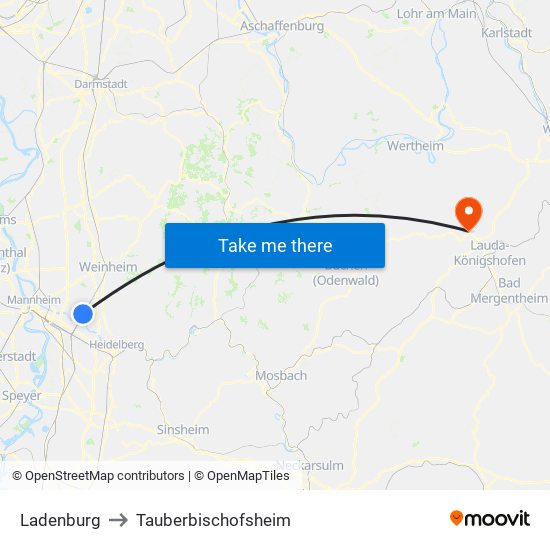 Ladenburg to Tauberbischofsheim map