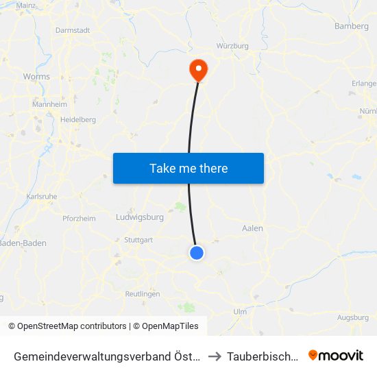 Gemeindeverwaltungsverband Östlicher Schurwald to Tauberbischofsheim map