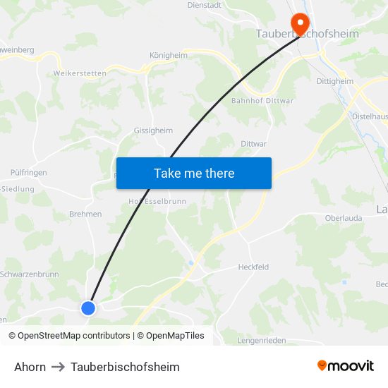 Ahorn to Tauberbischofsheim map