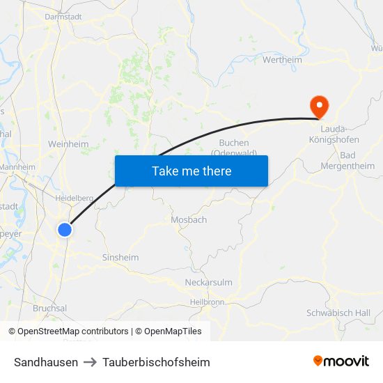 Sandhausen to Tauberbischofsheim map