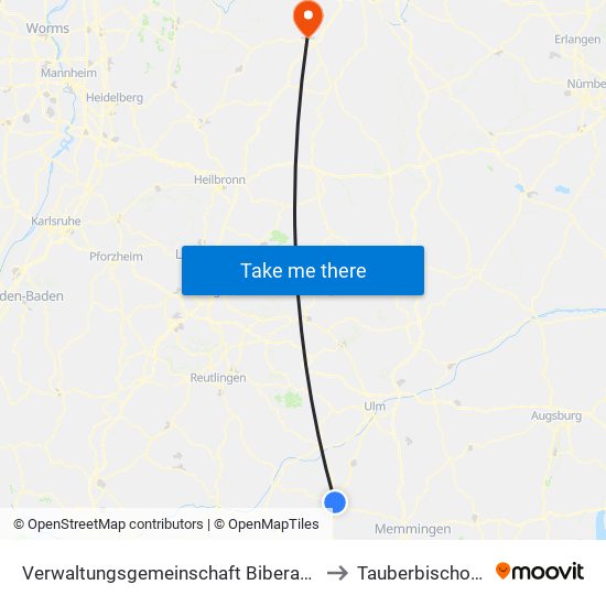 Verwaltungsgemeinschaft Biberach An Der Riß to Tauberbischofsheim map