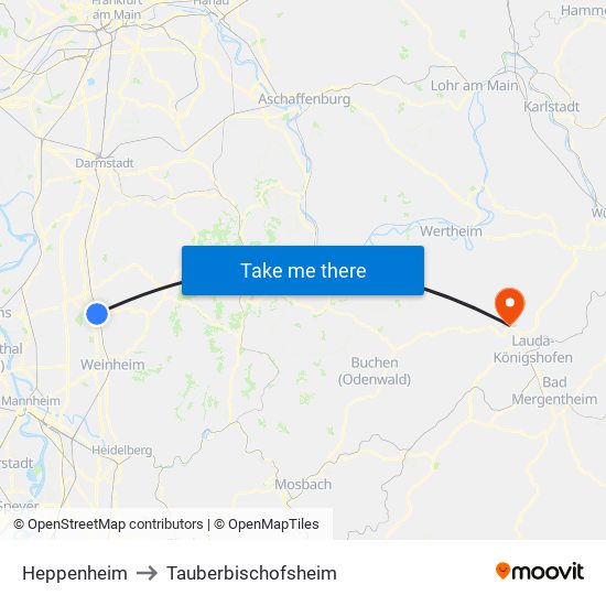 Heppenheim to Tauberbischofsheim map