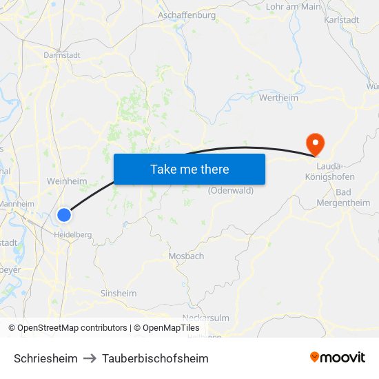 Schriesheim to Tauberbischofsheim map
