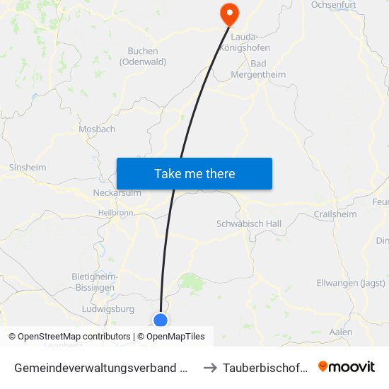 Gemeindeverwaltungsverband Winnenden to Tauberbischofsheim map