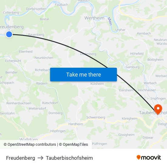 Freudenberg to Tauberbischofsheim map