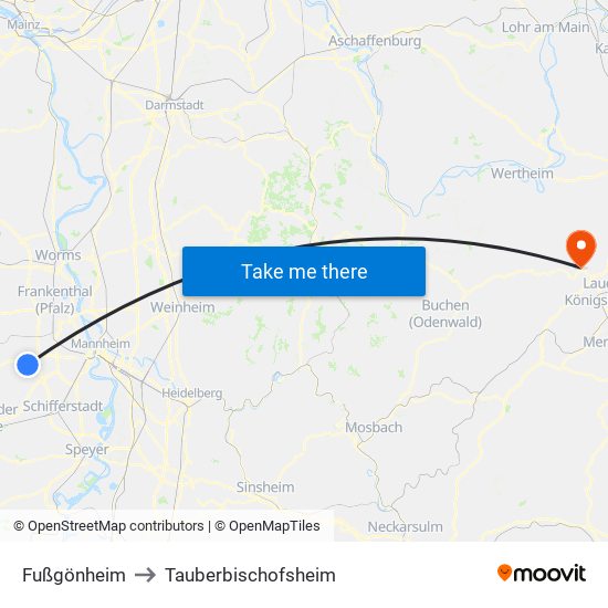 Fußgönheim to Tauberbischofsheim map