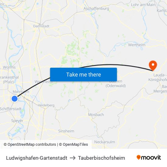 Ludwigshafen-Gartenstadt to Tauberbischofsheim map