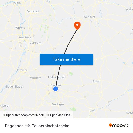 Degerloch to Tauberbischofsheim map