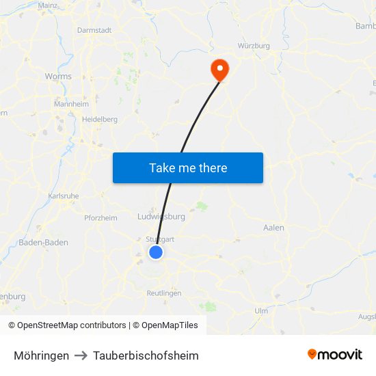 Möhringen to Tauberbischofsheim map