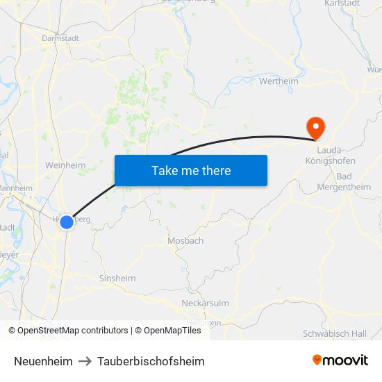 Neuenheim to Tauberbischofsheim map