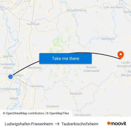 Ludwigshafen-Friesenheim to Tauberbischofsheim map