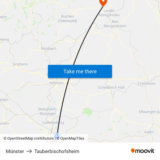 Münster to Tauberbischofsheim map