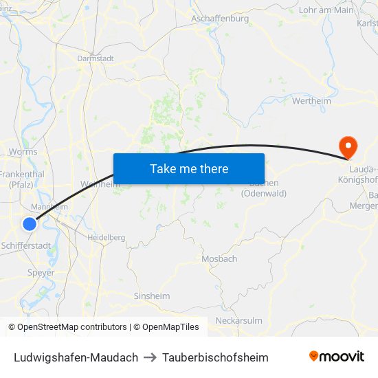 Ludwigshafen-Maudach to Tauberbischofsheim map