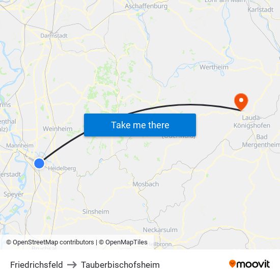 Friedrichsfeld to Tauberbischofsheim map