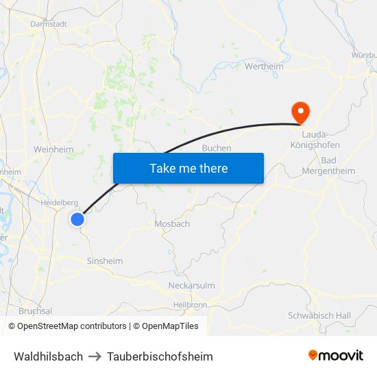 Waldhilsbach to Tauberbischofsheim map