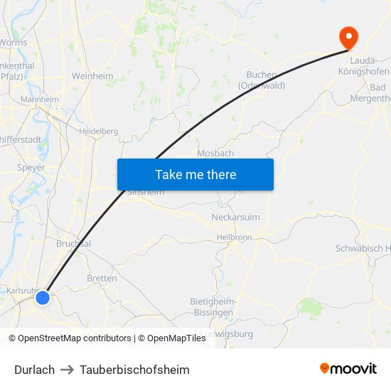 Durlach to Tauberbischofsheim map