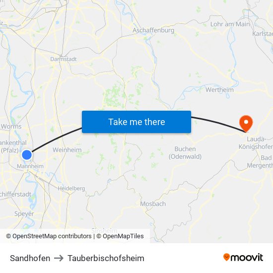 Sandhofen to Tauberbischofsheim map