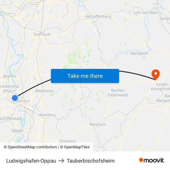 Ludwigshafen-Oppau to Tauberbischofsheim map