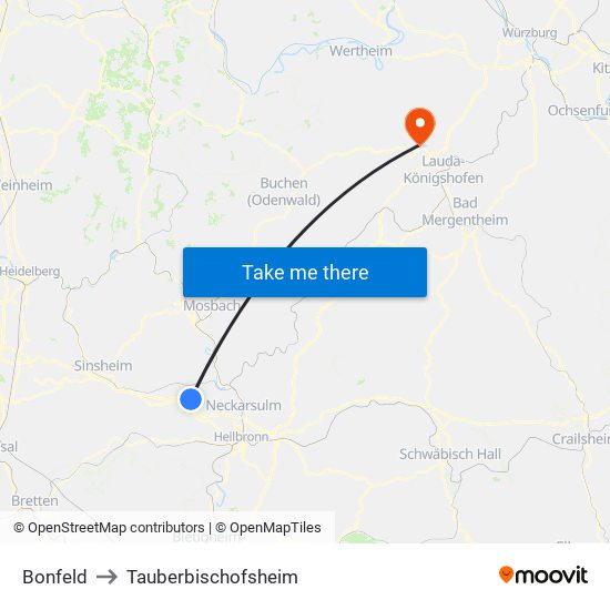 Bonfeld to Tauberbischofsheim map