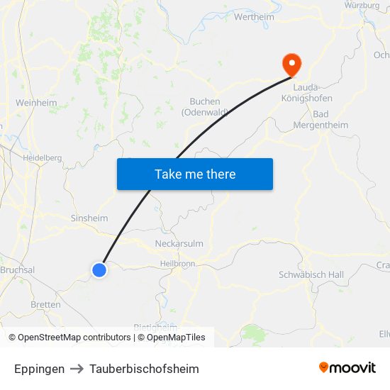 Eppingen to Tauberbischofsheim map