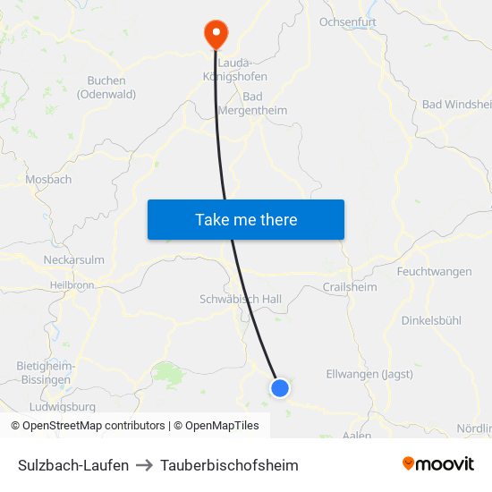 Sulzbach-Laufen to Tauberbischofsheim map