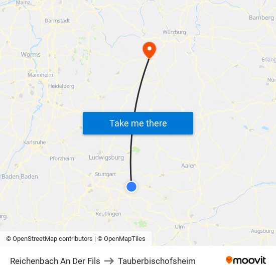 Reichenbach An Der Fils to Tauberbischofsheim map