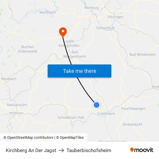 Kirchberg An Der Jagst to Tauberbischofsheim map