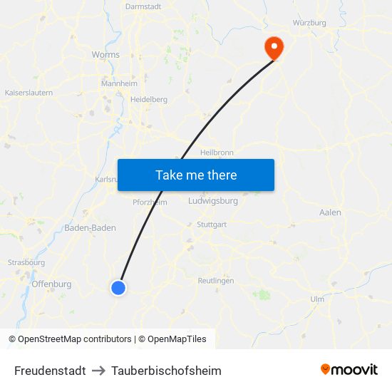 Freudenstadt to Tauberbischofsheim map