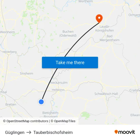 Güglingen to Tauberbischofsheim map